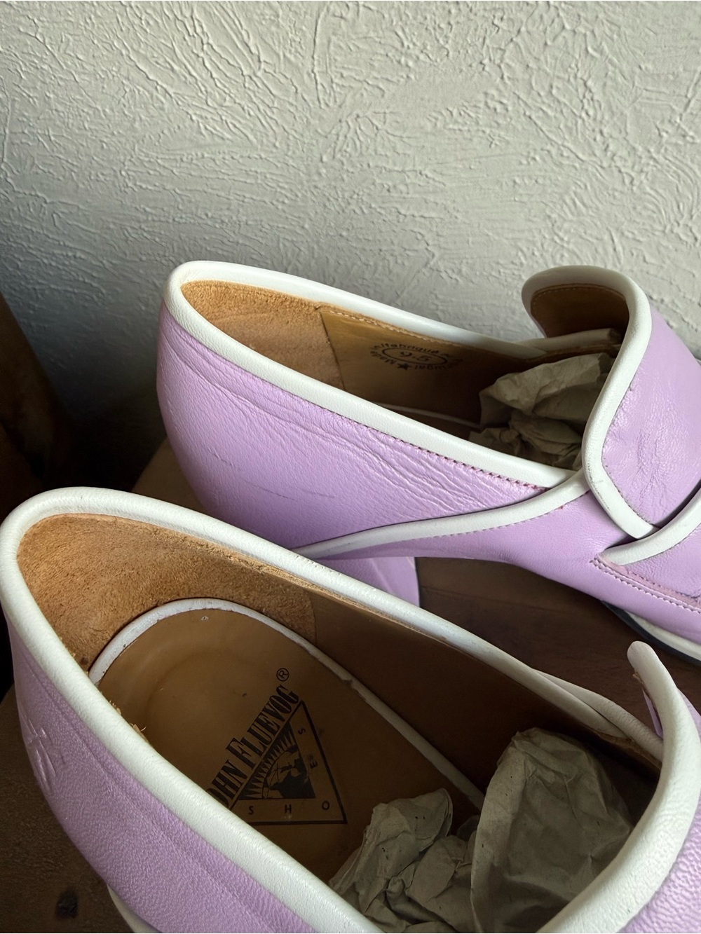Fluevog Clouds of Joy Nimbus Lavender Block Heel Loafers with White Trim - Picture 5 of 6